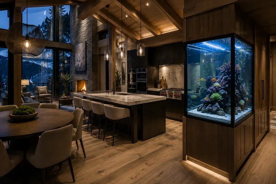 Luxury mountain lodge kitchen with a built-in reef aquarium, soaring timber ceilings, stone fireplace, and warm contemporary alpine design.