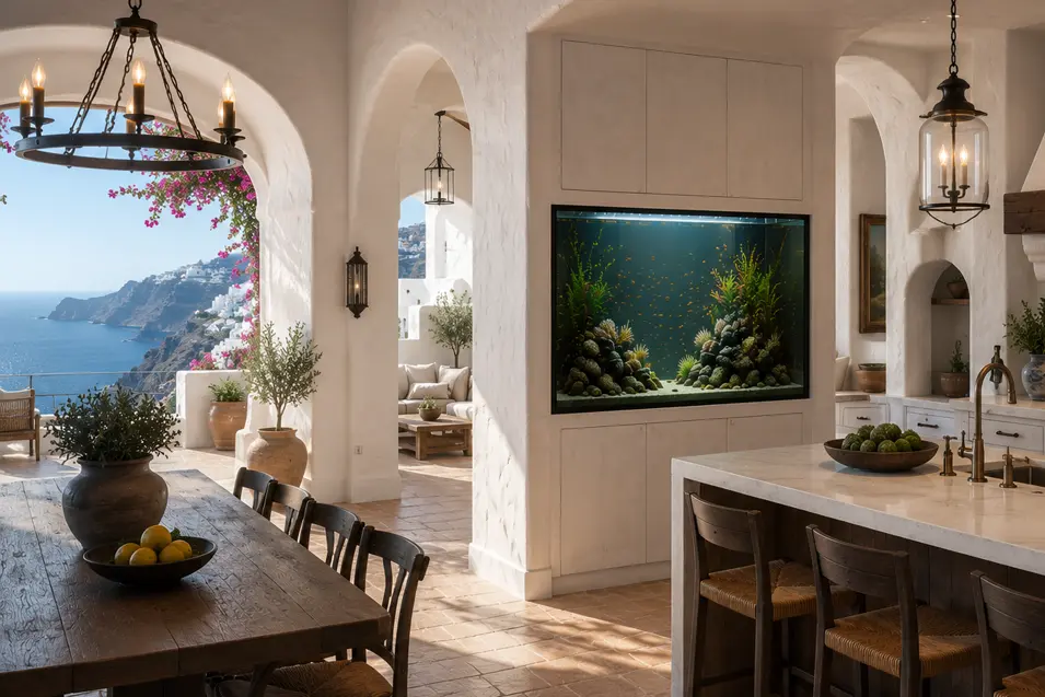 Luxury Mediterranean kitchen with a built-in freshwater aquarium, natural stone finishes, arched architecture, and breathtaking coastal views.