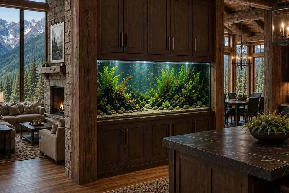 Luxury mountain lodge kitchen with a built-in freshwater aquarium, rich timber cabinetry, natural stone fireplace, and breathtaking alpine views.