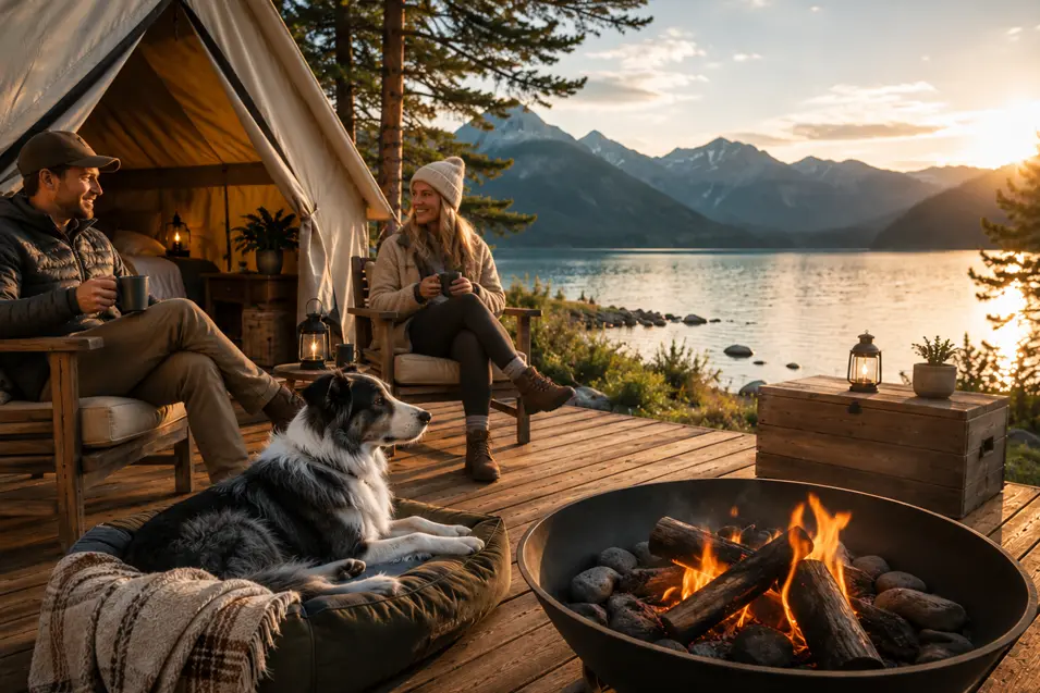Couple enjoying coffee beside a luxury lakeside glamping tent while their Border Collie relaxes by the fire with stunning mountain views at sunrise.