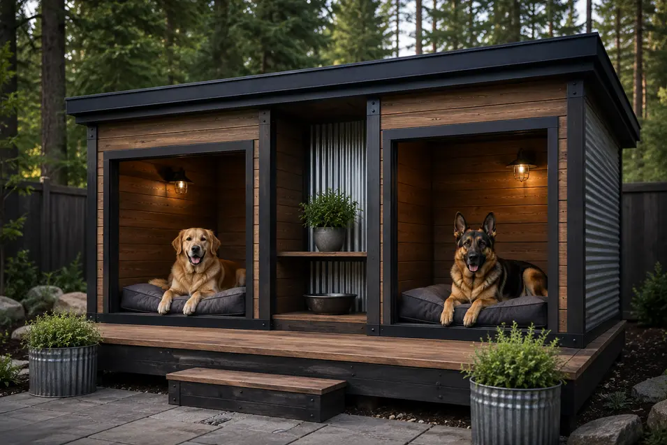 Industrial-style double dog lodge with oversized sleeping spaces for a Golden Retriever and German Shepherd, featuring wood, steel and a spacious covered deck.