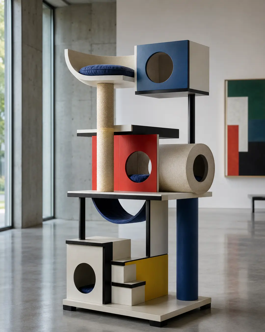 Le Corbusier-inspired luxury cat tree with bold geometric forms, sculptural volumes, primary accents, and timeless modernist architecture.