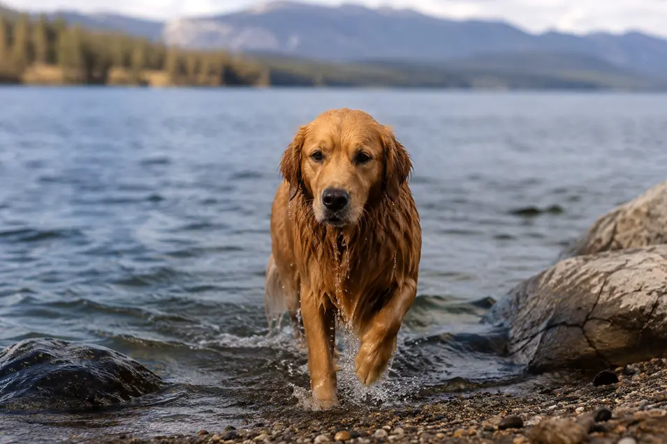 Wet golden retriever walks out of a mountain lake onto a rocky shore, water dripping from its coat under soft natural light.