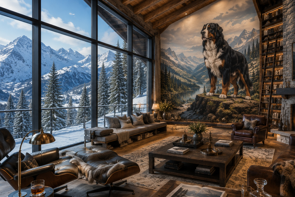 Luxury mountain lodge living room with a dramatic Bernese Mountain Dog mural, soaring windows, rustic timber beams, and breathtaking alpine views.