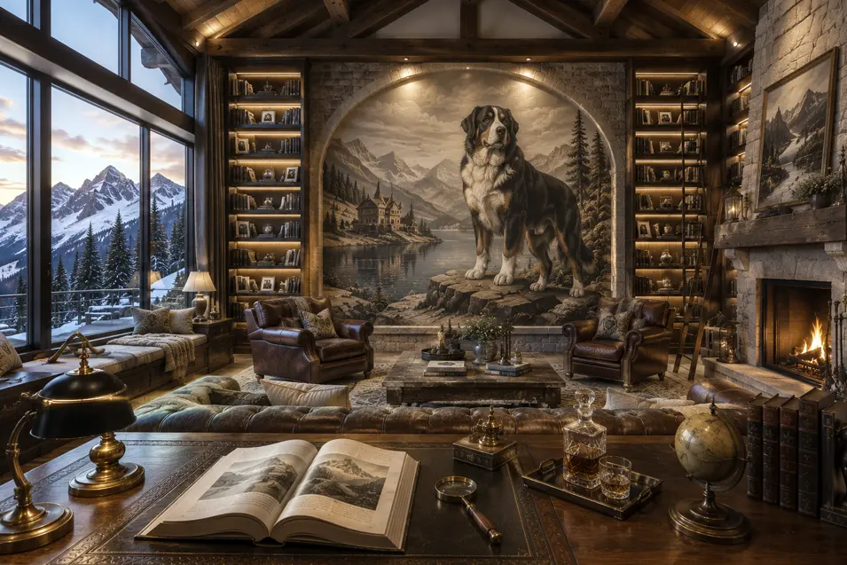 Luxury alpine library with a hand-painted Bernese Mountain Dog mural, soaring timber beams, stone fireplace, and breathtaking mountain views.