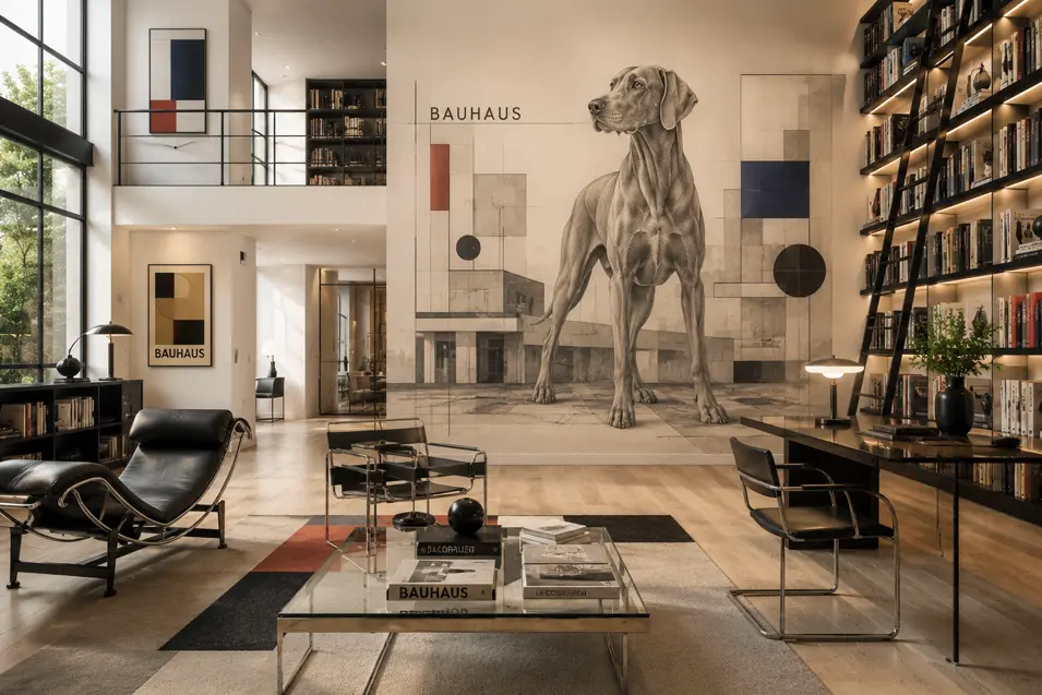 Modern Bauhaus-inspired library with a hand-painted Weimaraner mural, clean architectural lines, designer furnishings, and floor-to-ceiling bookshelves.