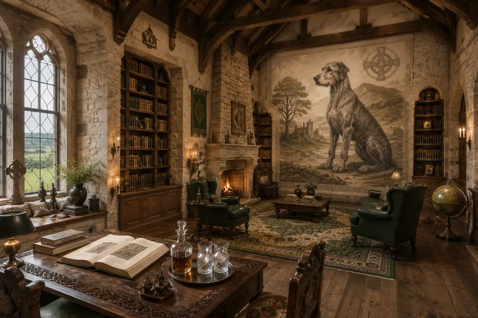 Irish castle library with a hand-painted Irish Wolfhound mural, soaring timber beams, stone walls, cozy fireplace, and panoramic countryside views.