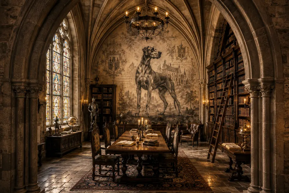 Gothic-style library with a hand-painted Great Dane mural, soaring stone arches, stained glass windows, and floor-to-ceiling bookshelves.