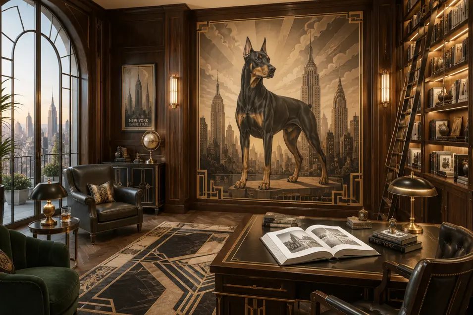Art Deco-inspired library with a hand-painted Doberman mural, rich wood paneling, New York skyline views, and elegant floor-to-ceiling bookshelves.