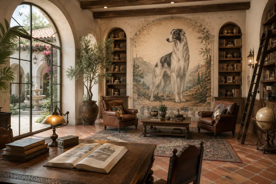Mediterranean-style library with a hand-painted Borzoi mural, arched windows, terracotta floors, custom bookshelves, and a peaceful courtyard view.