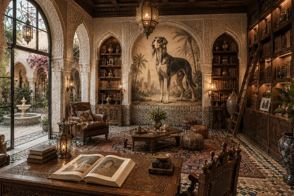 Moroccan-inspired library with a hand-painted Saluki mural, ornate arches, carved details, mosaic floors, and a peaceful courtyard fountain.
