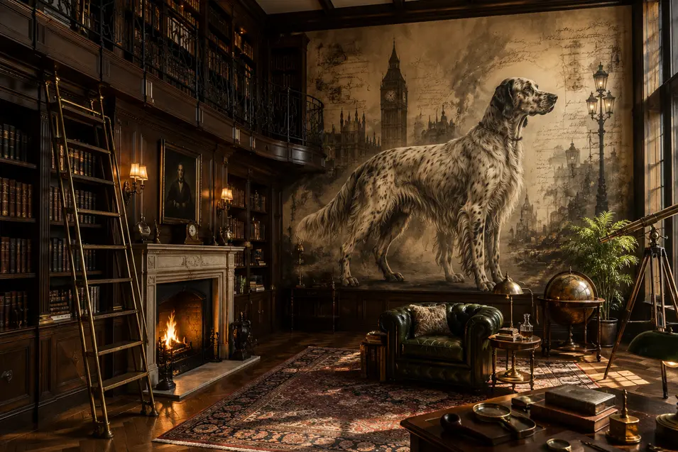 Elegant two-story home library with a hand-painted English Setter mural, towering bookshelves, glowing fireplace, antique globe, and London-inspired artwork.