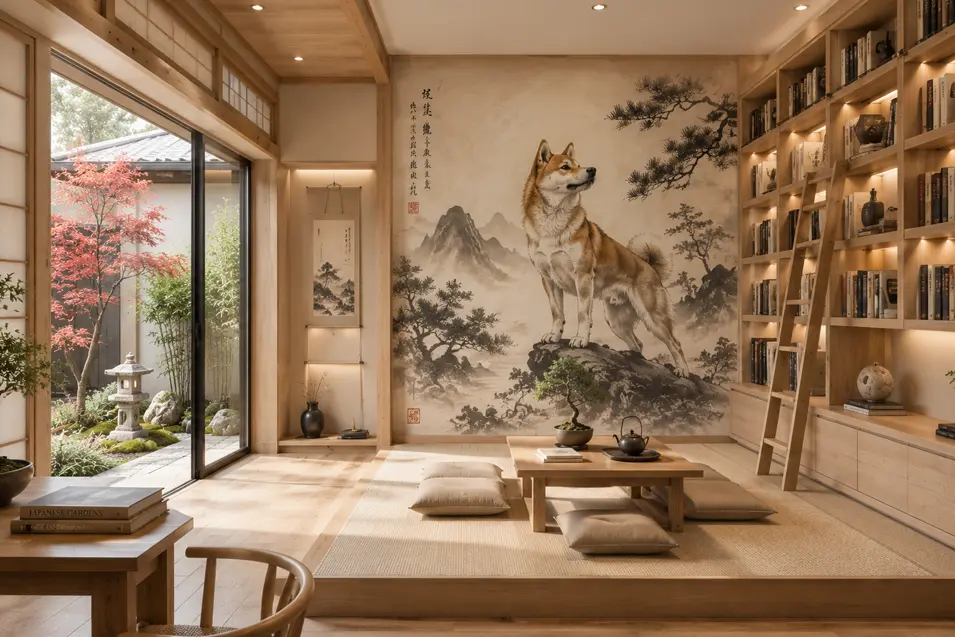 Peaceful Japanese-style library with a hand-painted Shiba Inu mural, floor seating, natural wood shelves, and a tranquil garden courtyard.