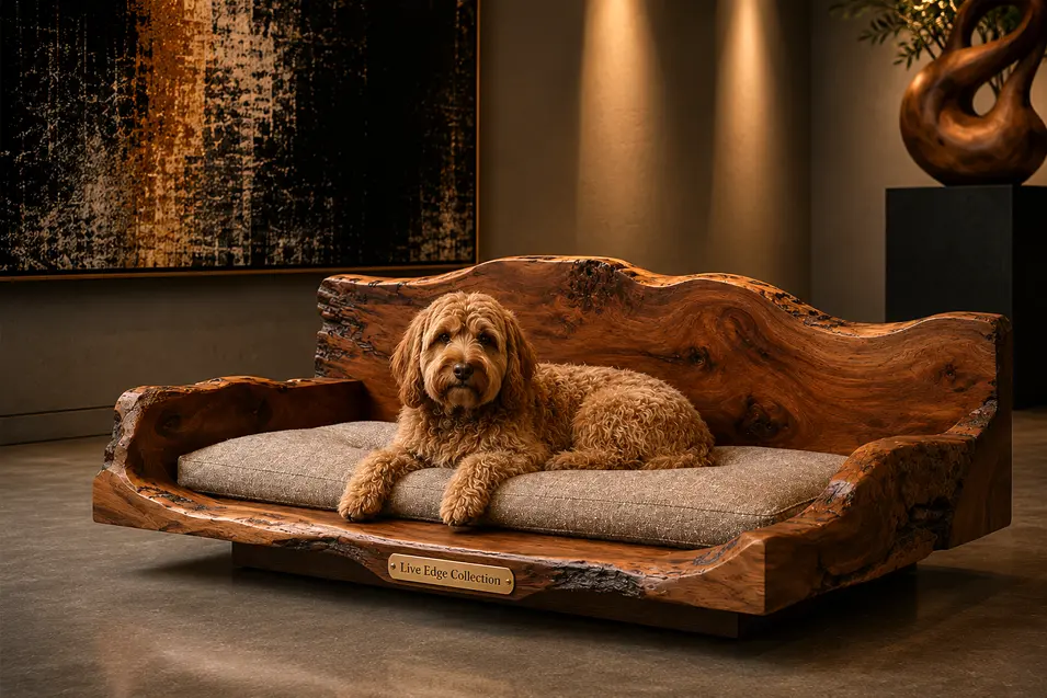 Luxury live-edge walnut dog bed with organic natural wood, a plush taupe cushion and handcrafted rustic elegance in a gallery-inspired setting.