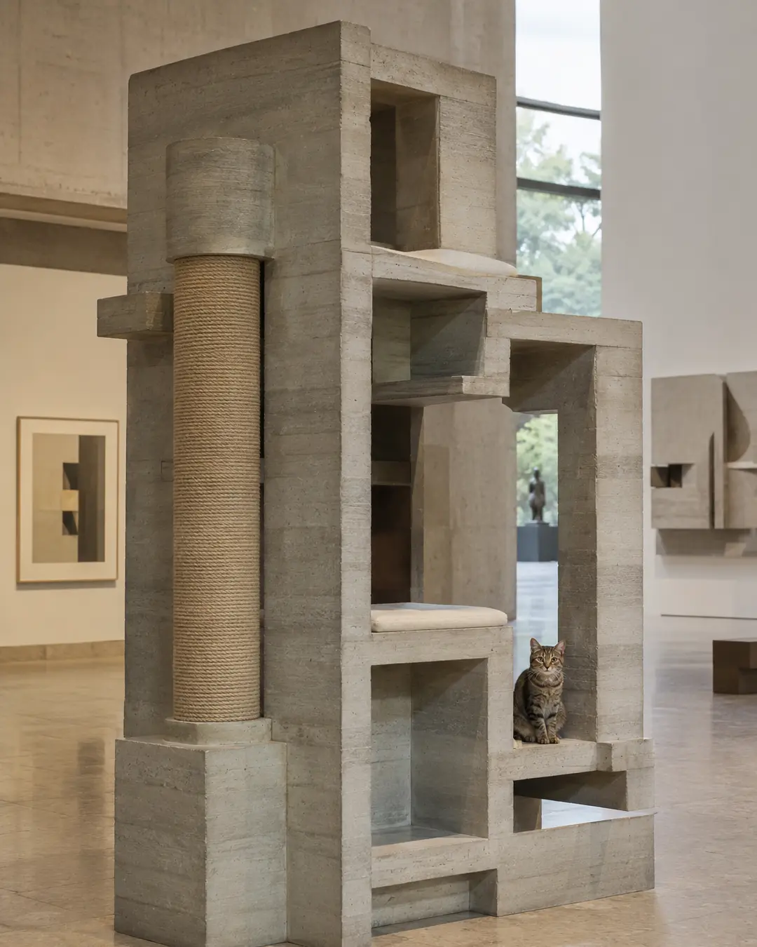 Louis Kahn-inspired luxury cat tree with monumental concrete forms, geometric volumes, quiet symmetry, and timeless modernist architectural elegance.