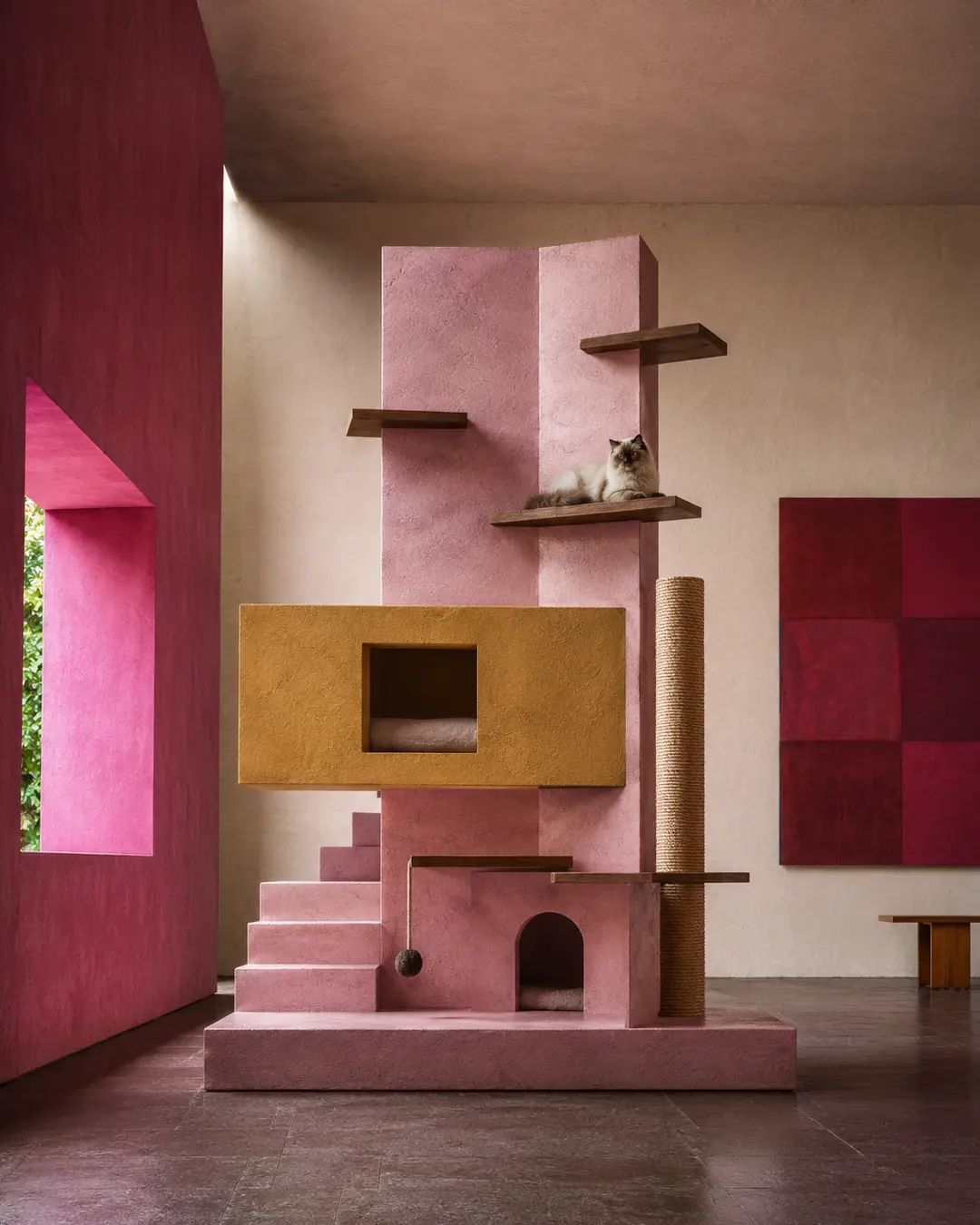 Luis Barragán-inspired luxury cat tree with bold geometric forms, vibrant pink tones, floating platforms, and serene Mexican modernist architecture.