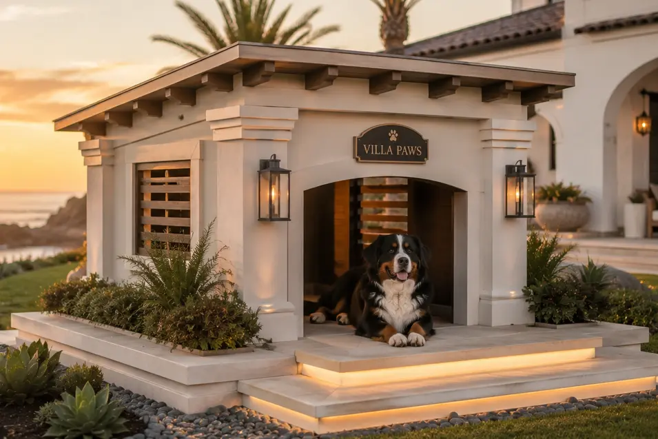 Luxury driftwood coastal dog house with modern villa styling, designer lighting and a majestic Bernese Mountain Dog enjoying an oceanfront retreat.