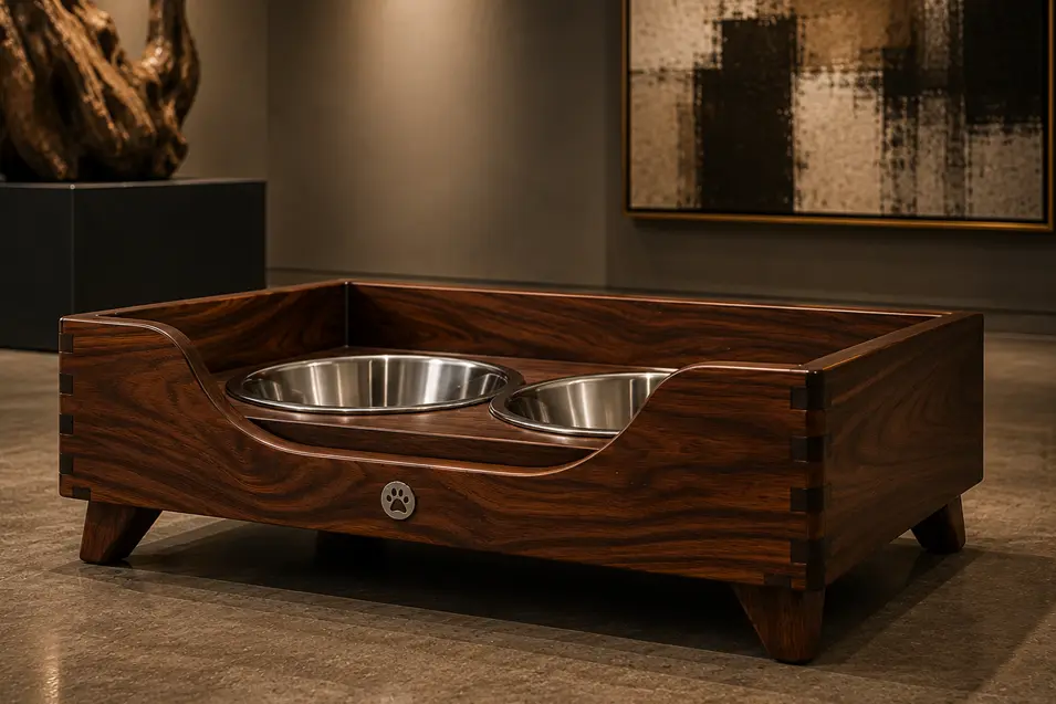 Luxury walnut dog feeding station with handcrafted joinery, elevated stainless steel bowls, and furniture-quality design worthy of a modern home.