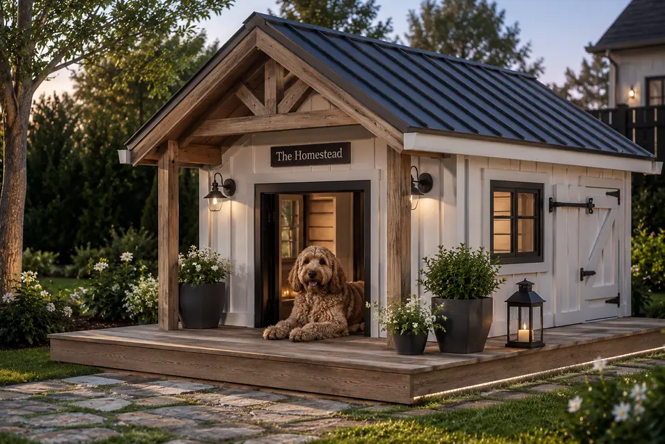 Luxury modern farmhouse dog house with board-and-batten siding, black metal roof, covered porch, and a happy Australian Labradoodle relaxing outside.