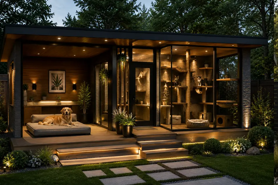 Luxury pet pavilion combining a modern dog house and enclosed catio with premium finishes, custom climbing features, and architectural lighting.