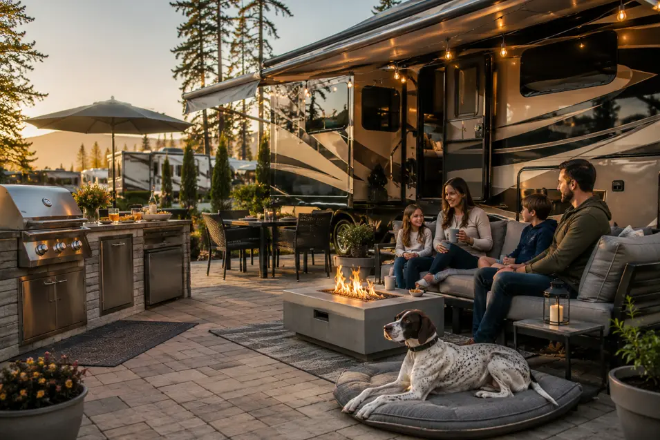 Luxury RV patio with an outdoor kitchen, fire table and landscaped seating where a family relaxes alongside their Pointer at sunset.