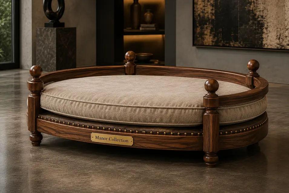 Luxury round walnut dog bed with turned posts, a plush taupe cushion and timeless handcrafted elegance in a sophisticated gallery-inspired setting.