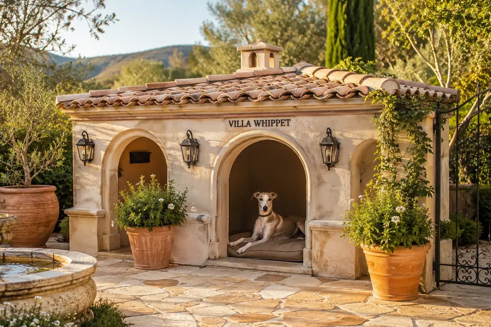 Luxury Mediterranean villa dog house with stucco walls, terracotta roof, stone patio, fountain, and a relaxed Whippet in a sunlit garden.
