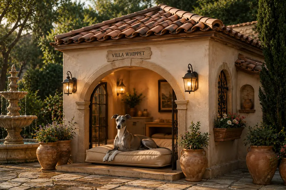 Luxury Mediterranean villa dog house with stucco walls, terracotta roof, stone patio, fountain, and a Whippet relaxing in elegant surroundings.