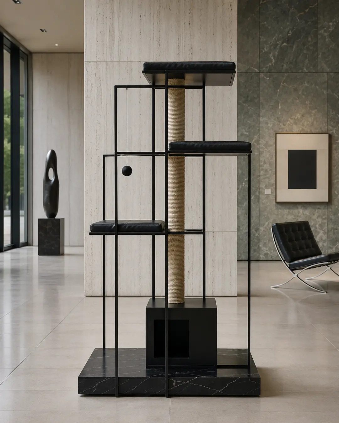 Mies van der Rohe-inspired luxury cat tree with minimalist steel lines, geometric platforms, and a refined Bauhaus aesthetic where less is truly more.