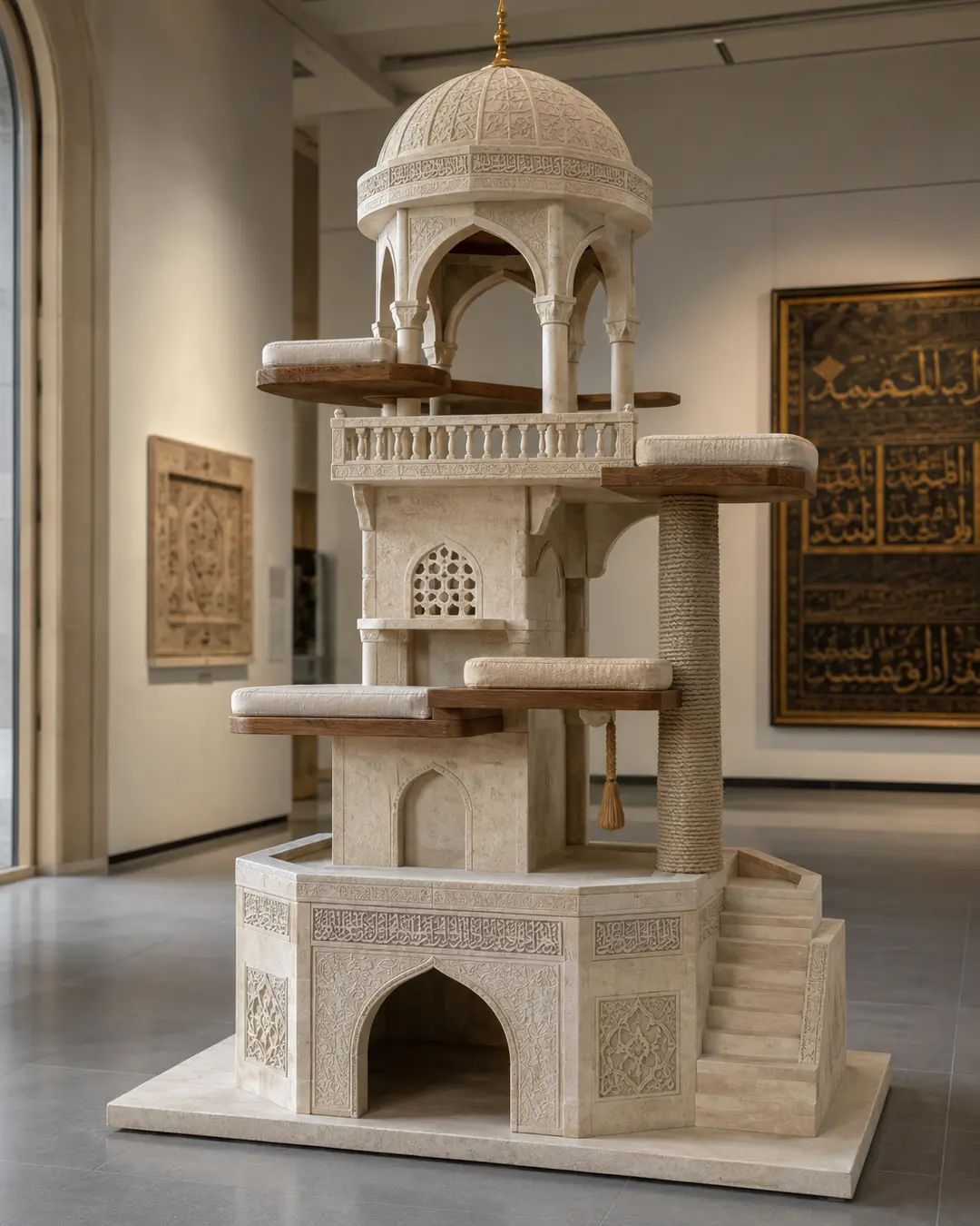 Mimar Sinan-inspired luxury cat tree with elegant Ottoman domes, carved stone details, graceful arches, and timeless Islamic architectural craftsmanship.