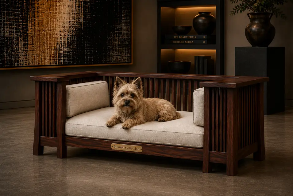 Luxury Mission-style walnut dog bed with elegant vertical slats, plush cream cushions and timeless handcrafted design in a gallery-inspired setting.
