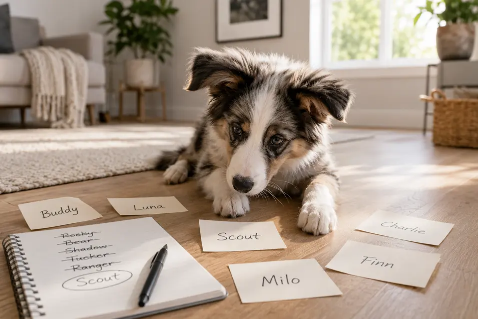 Australian Shepherd puppy choosing between name cards on the floor, with a notebook of ideas, capturing the fun of finding the perfect puppy name.