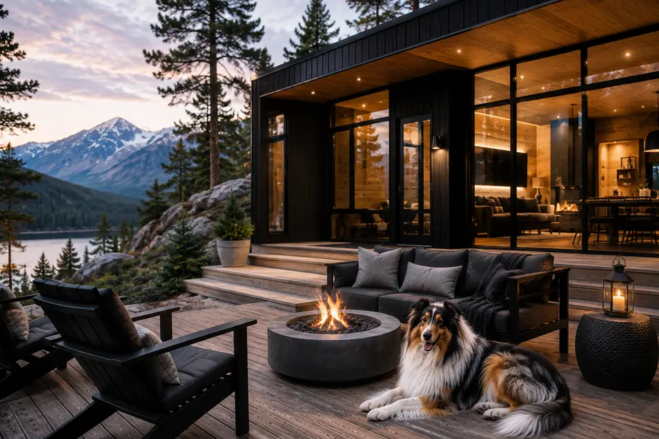 Modern black cabin with panoramic mountain views, cozy fire pit and a Collie relaxing on the deck beside sleek contemporary architecture.