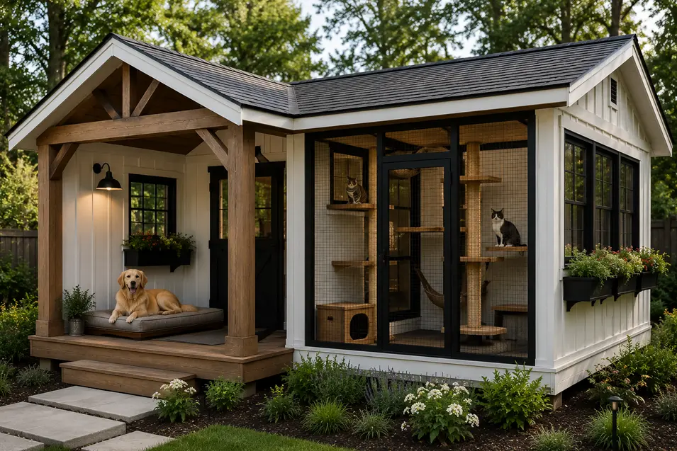 Modern farmhouse pet retreat featuring a covered dog porch and luxury enclosed catio with climbing towers, flower boxes, and timeless black-and-white design.