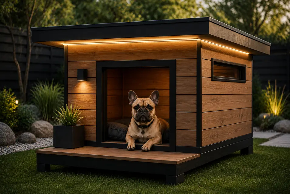 Modern flat-roof cedar dog house with black trim, hidden LED lighting and a cozy porch, featuring a relaxed French Bulldog in a beautifully landscaped backyard.