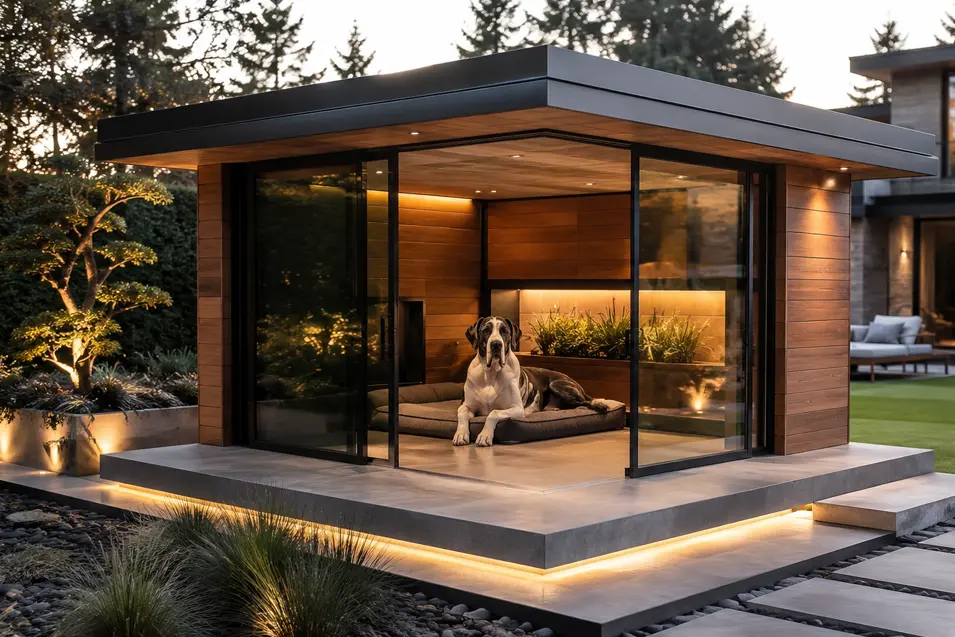 Luxury glass dog house with cedar accents, polished concrete and warm lighting, featuring a relaxed Great Dane in a beautifully landscaped modern backyard.