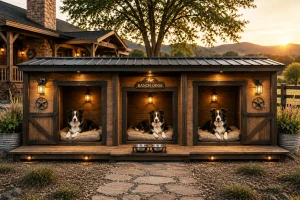 Modern ranch-style dog house with three spacious equal-sized suites for Border Collies, rustic wood finishes, warm lighting, and a scenic countryside backdrop.