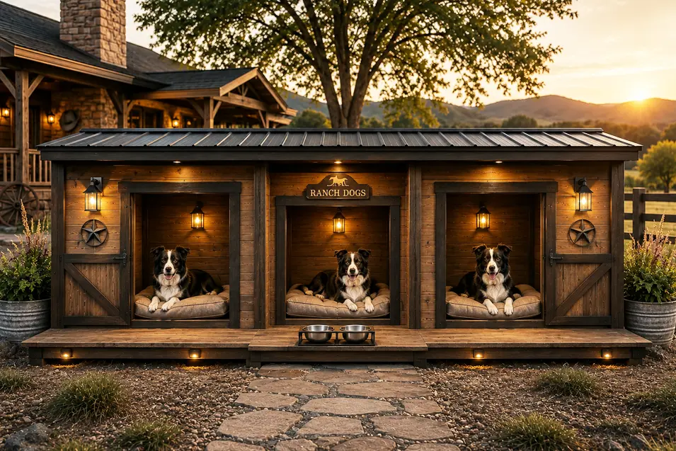 Modern ranch-style dog house with three spacious equal-sized suites for Border Collies, rustic wood finishes, warm lighting, and a scenic countryside backdrop.