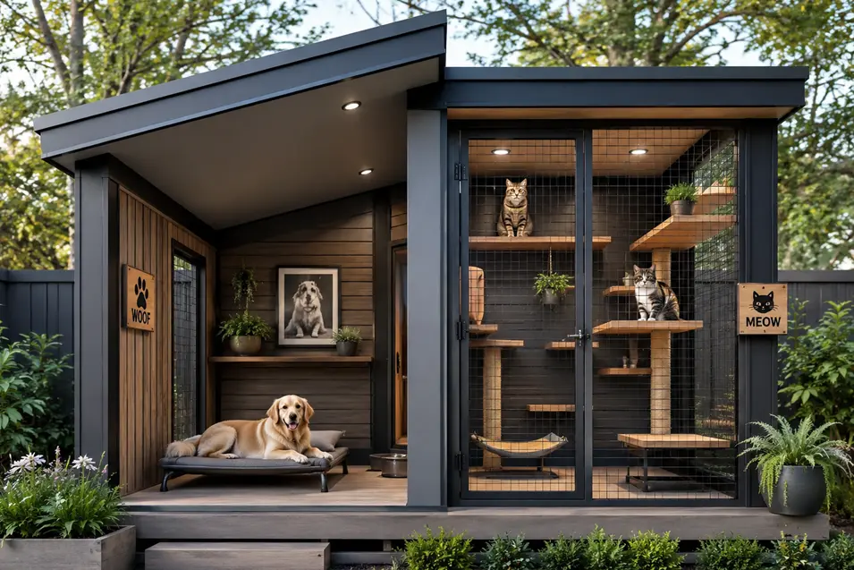 Modern split-level pet retreat with a covered dog lounge and enclosed catio, blending sleek architecture, cozy comfort and enriching spaces for both pets.