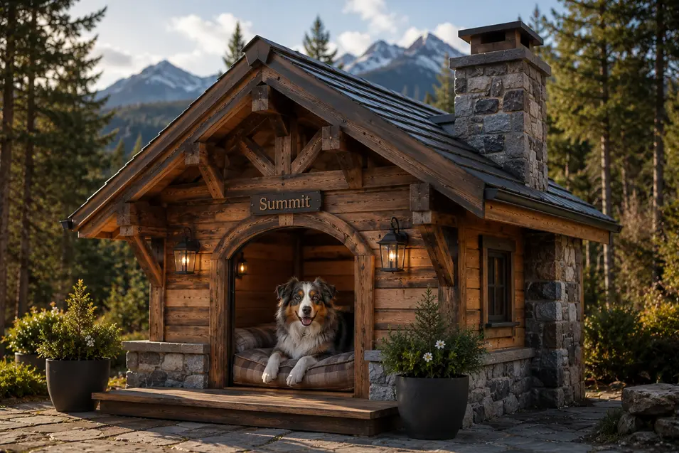 Luxury mountain chalet dog house with timber beams, stone chimney, cozy bedding, and a happy Australian Shepherd in an alpine setting.