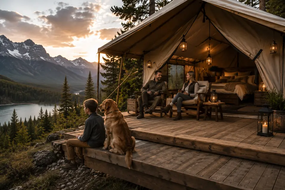 Luxury mountain safari tent with alpine views, parents relaxing inside while a boy and Golden Retriever enjoy the peaceful scenery from the deck.