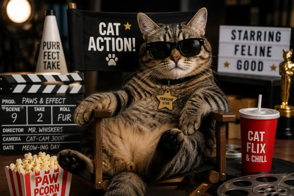 Cool tabby cat dressed as a movie star, lounging in a director’s chair with sunglasses, popcorn, film props, and a playful Hollywood-inspired movie set.