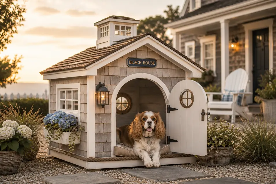 Charming coastal dog house with cedar shingles and nautical details, featuring a happy Cavalier King Charles Spaniel by a seaside cottage.