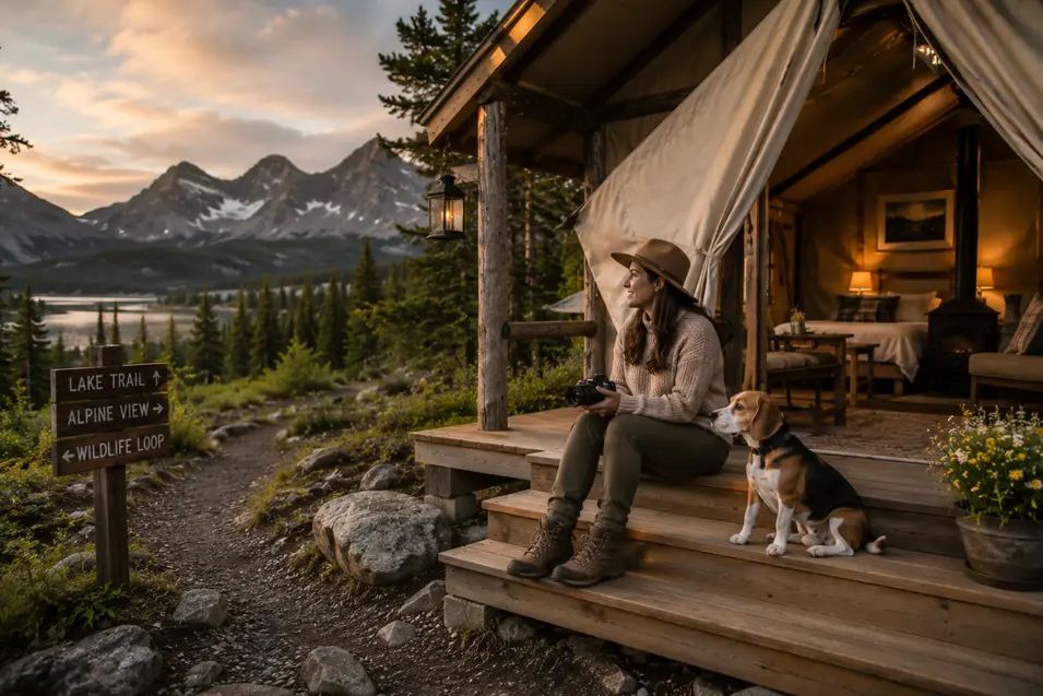 Woman and Beagle relaxing at a national park glamping lodge with mountain views, hiking trails and stunning scenery perfect for photography.
