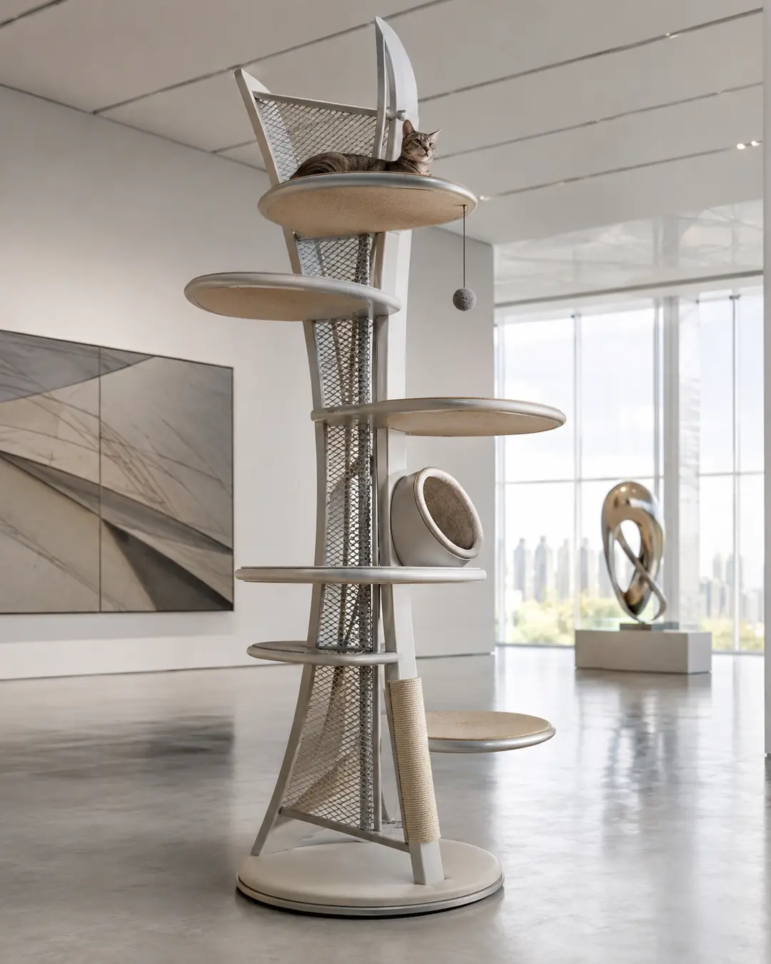 Norman Foster-inspired luxury cat tree with sleek steel lines, airy engineering, elevated platforms, and refined high-tech architectural elegance.