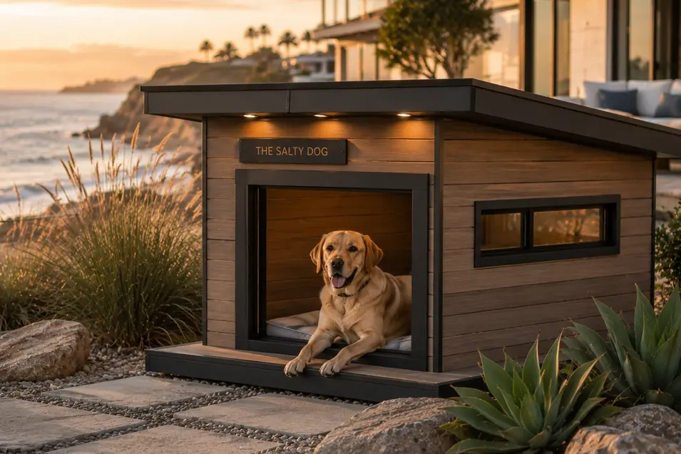 Modern driftwood coastal dog house with sleek lines and oceanfront style, featuring a happy Labrador Retriever enjoying a luxury seaside retreat.