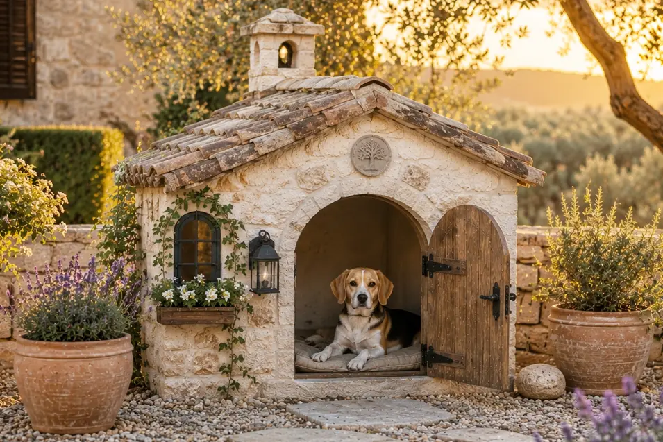 Rustic Mediterranean stone dog house with a terracotta roof and cozy Beagle, surrounded by lavender and warm Tuscan-style garden charm.
