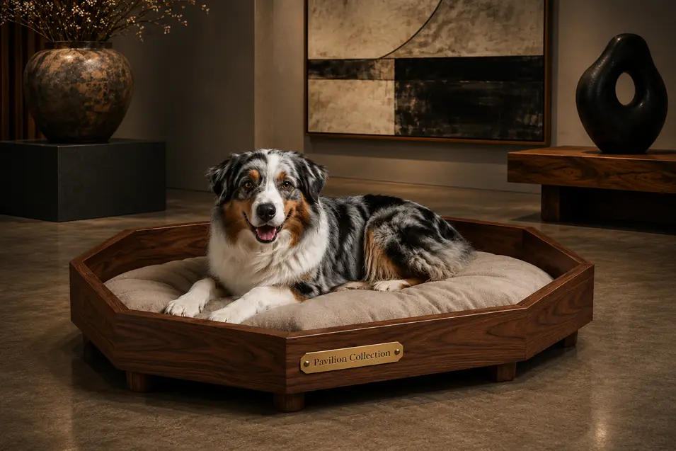 Luxury octagonal walnut dog bed with a plush taupe cushion, blending geometric design, fine craftsmanship and modern gallery-inspired elegance.