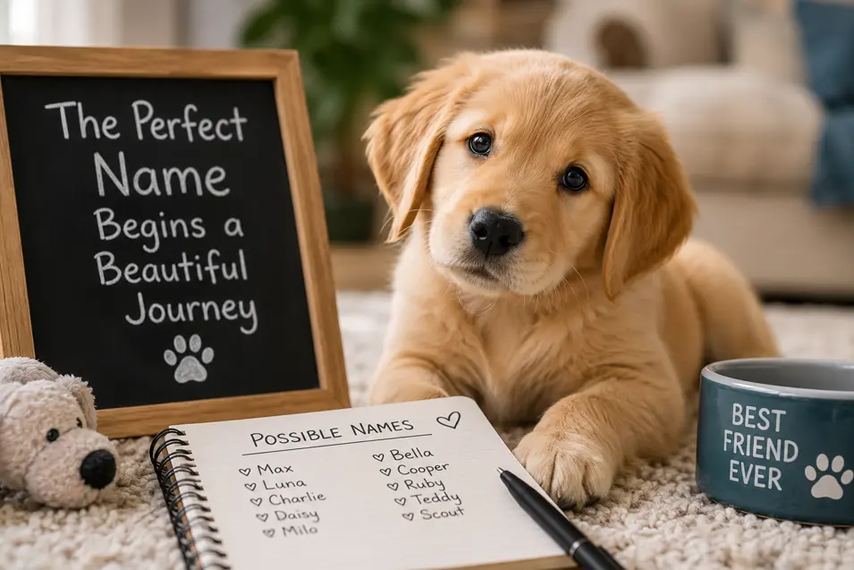 Golden Retriever puppy beside a chalkboard and notebook of dog names, capturing the excitement of choosing the perfect name for a new best friend.