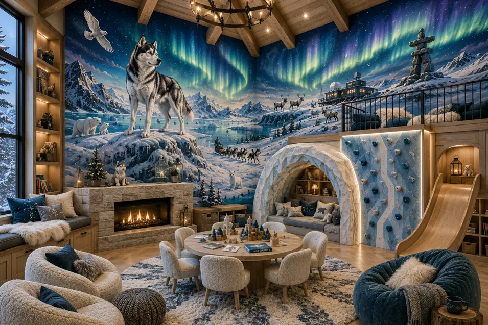 Arctic-themed playroom with a hand-painted Husky mural, northern lights, climbing wall, slide, cozy igloo nook, and mountain-inspired adventure.